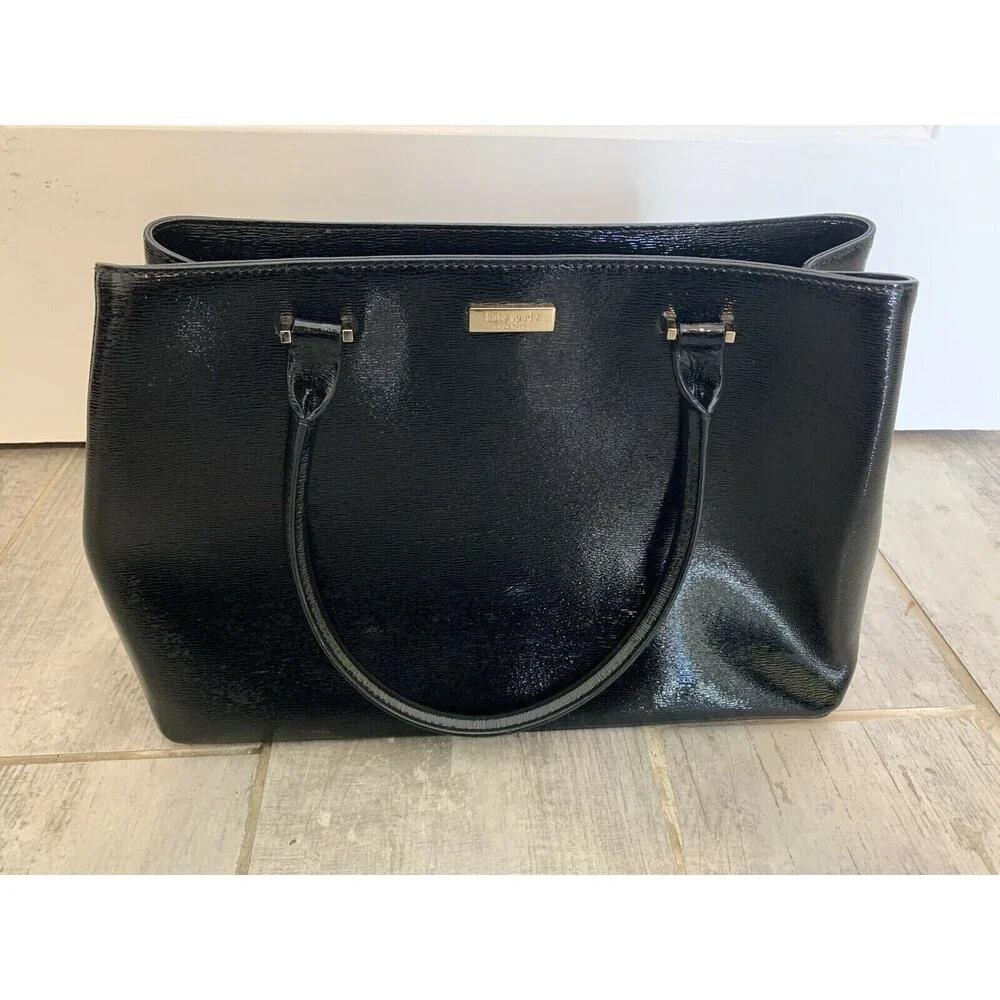 KATE SPADE Black Leather Shiny Glossy Designer Tote Shoulder Bag Classic Chic